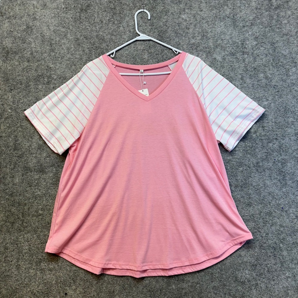 Vislily Raglan T-Shirt Women Plus Size Pink NWT Striped Sleeve V-Neck Top